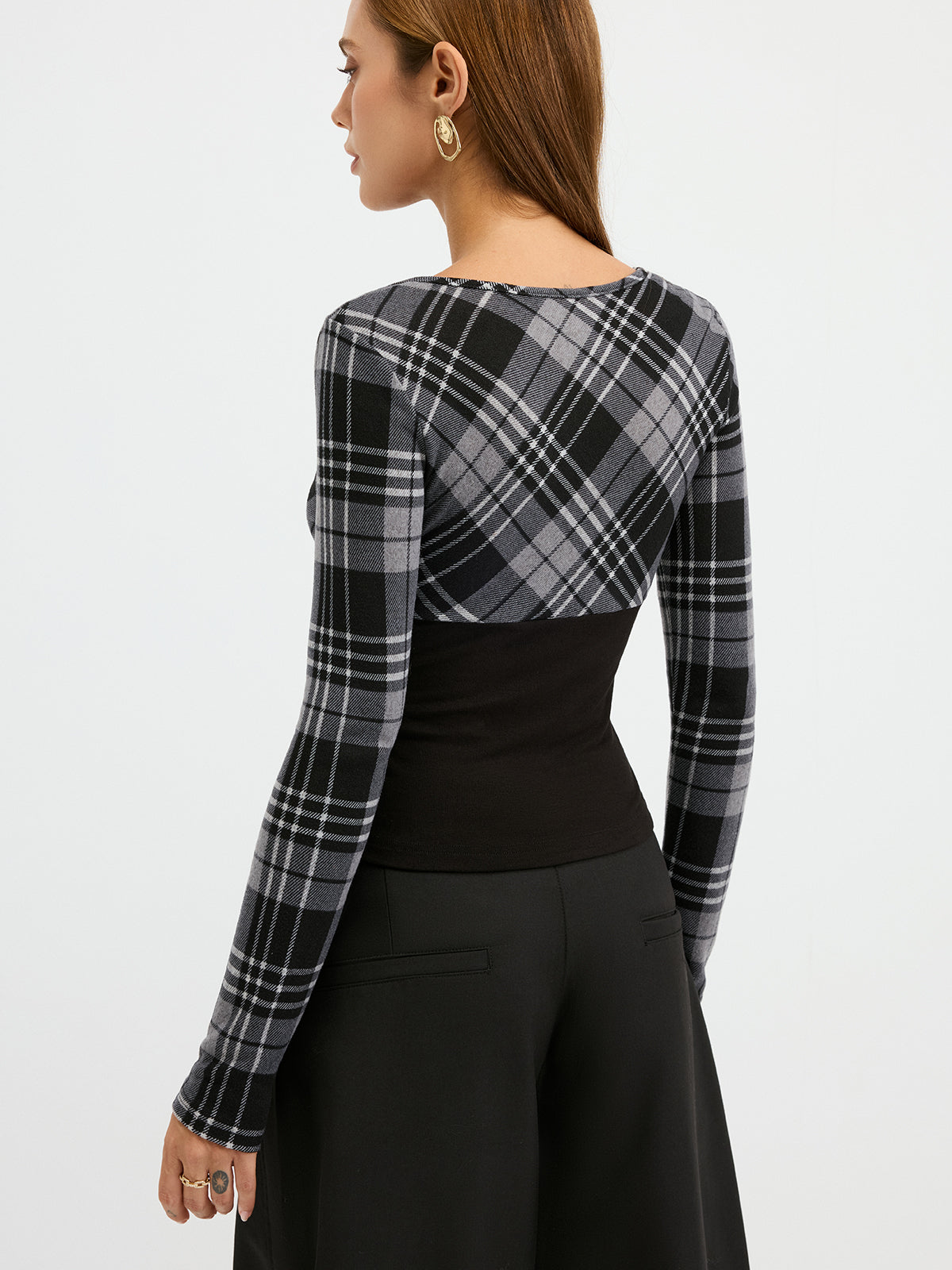 Plaid Paneled Slim-Fit Knit Long Sleeve Blouse