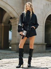 Stand Collar Belted PU Leather Quilted Jacket