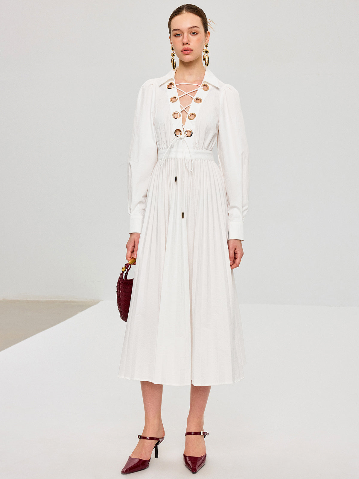 Lace-Up Pleated Midi Dress