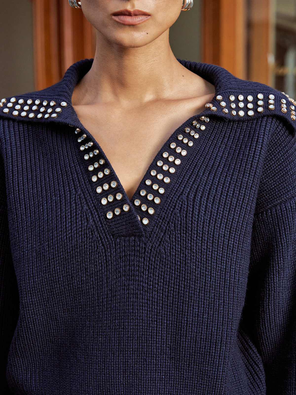 Studded Collar Wool Blend V-Neck Sweater