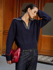 Studded Collar Wool Blend V-Neck Sweater