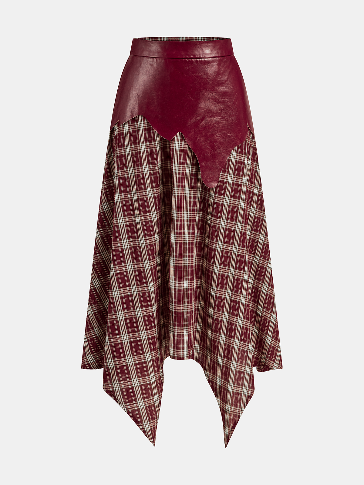 Faux Leather Panel Asymmetric Plaid Midi Skirt
