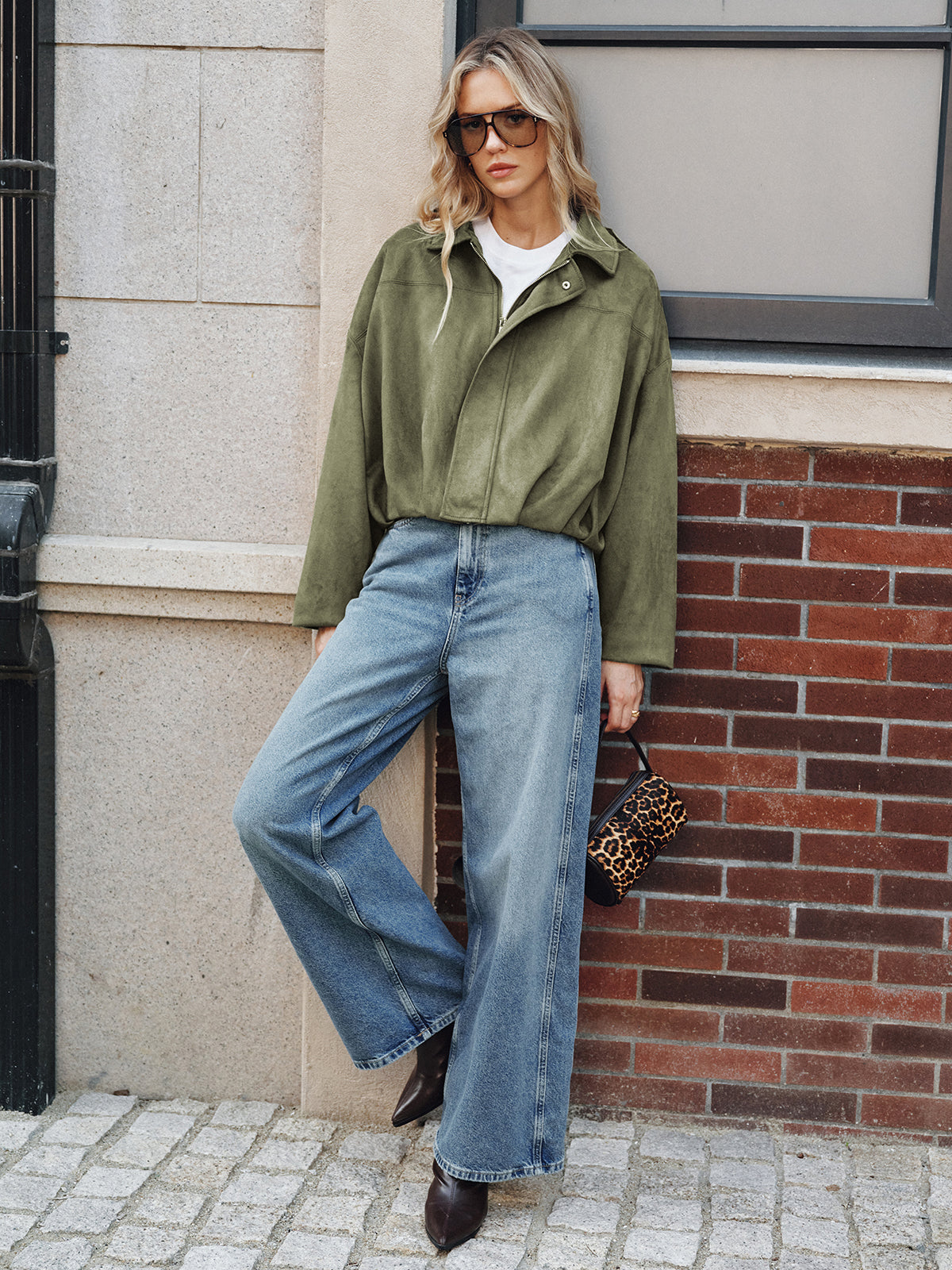 Suede Effect Zip-Up Collared Jacket