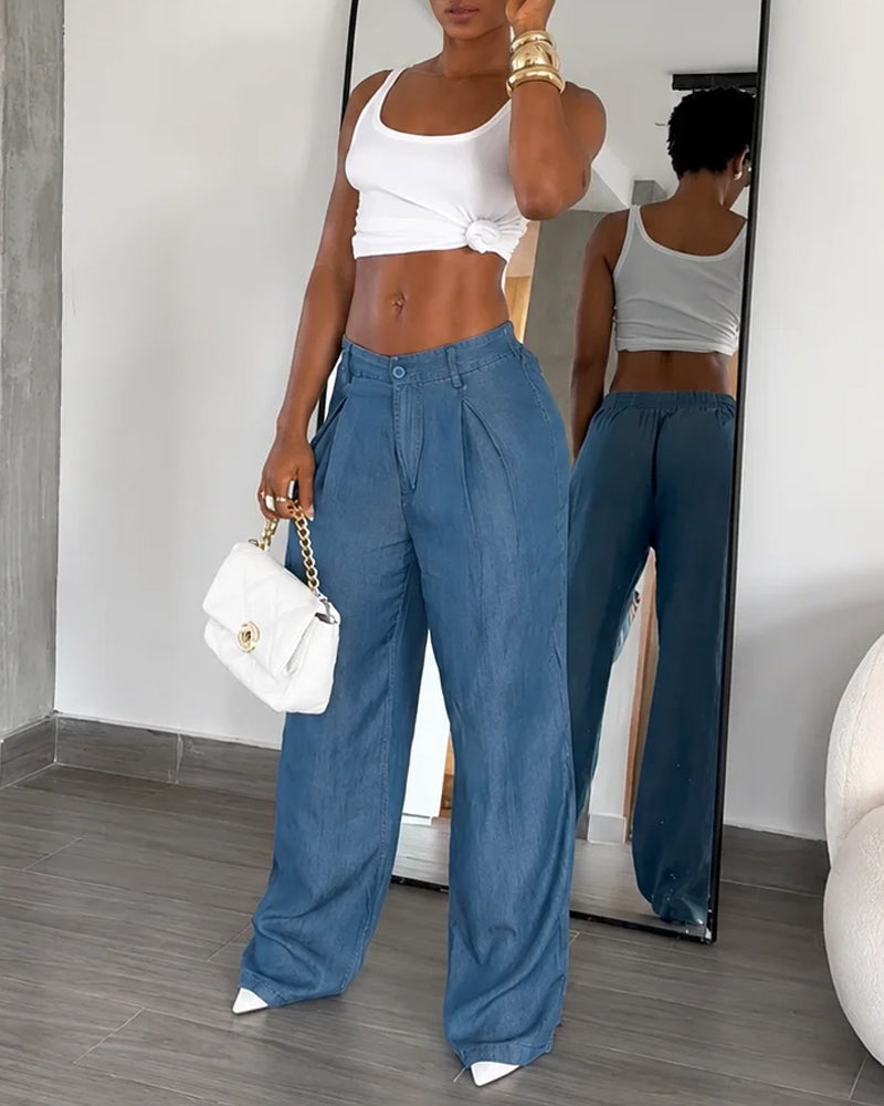 High Waist Pleated Tencel Faux Denim Wide-leg Pants