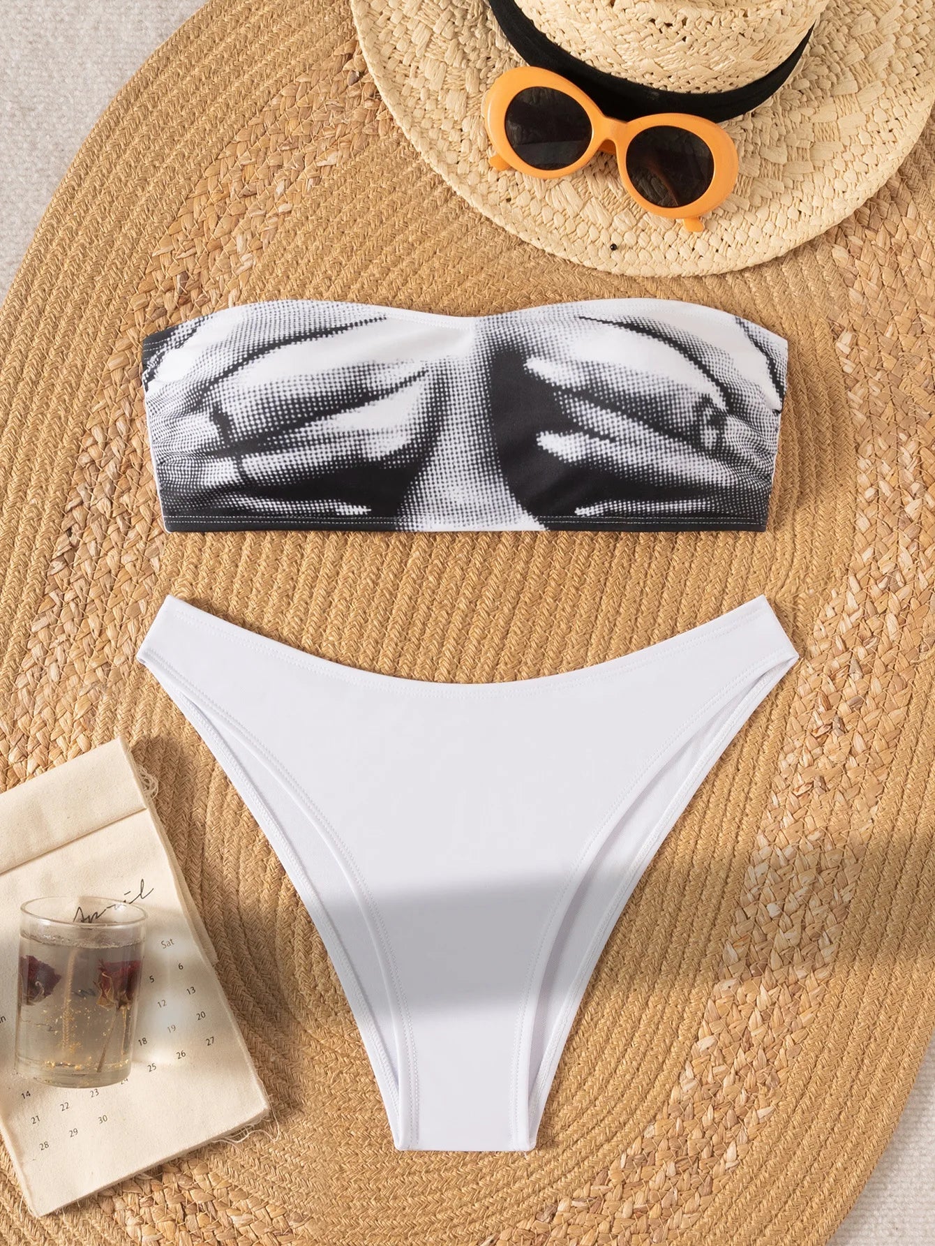 Bandeau Bikini Set Printed Two Piece with Adjustable Ties Trendy Swimsuit Off Shoulder Bikini Top White Panties Set