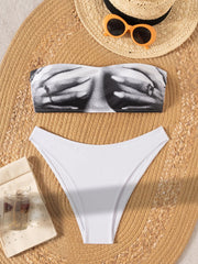 Bandeau Bikini Set Printed Two Piece with Adjustable Ties Trendy Swimsuit Off Shoulder Bikini Top White Panties Set