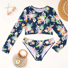 Tunic Long Sleeve Swimsuit Printed Conservative Swimwear Set Two Piece Shirts Suit Floral Boho Swimming Suit