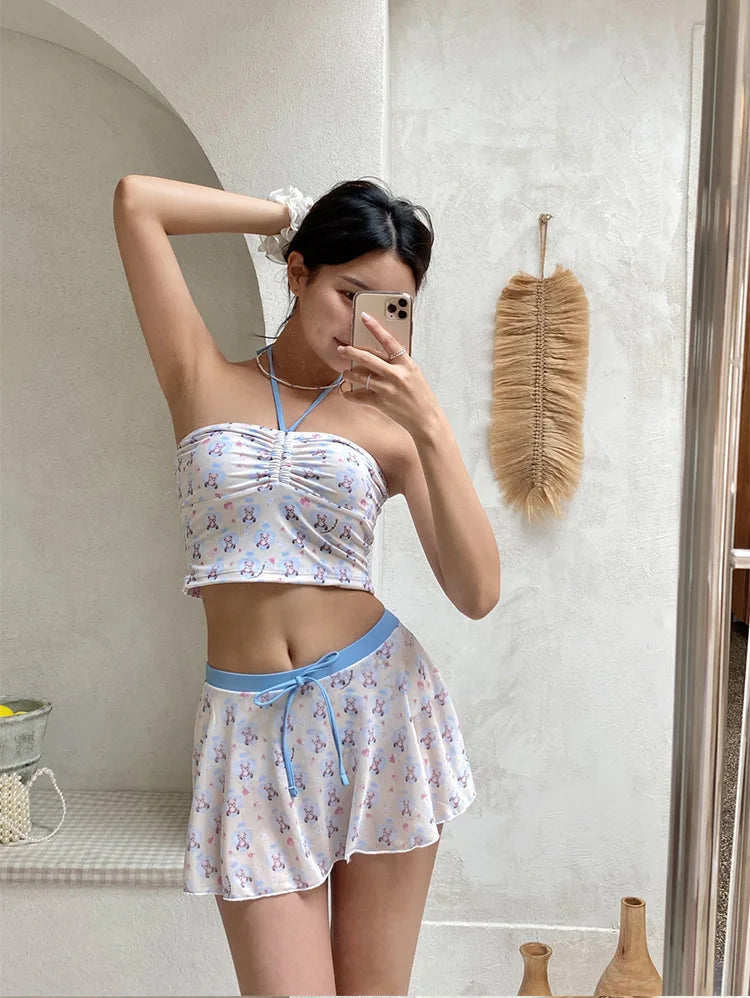 Bear Print Bikini Set Cute & Coquette for Small Bust High-Waist & Ruffle Trim Ins Off Shoulder Swimsuit