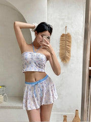 Bear Print Bikini Set Cute & Coquette for Small Bust High-Waist & Ruffle Trim Ins Off Shoulder Swimsuit