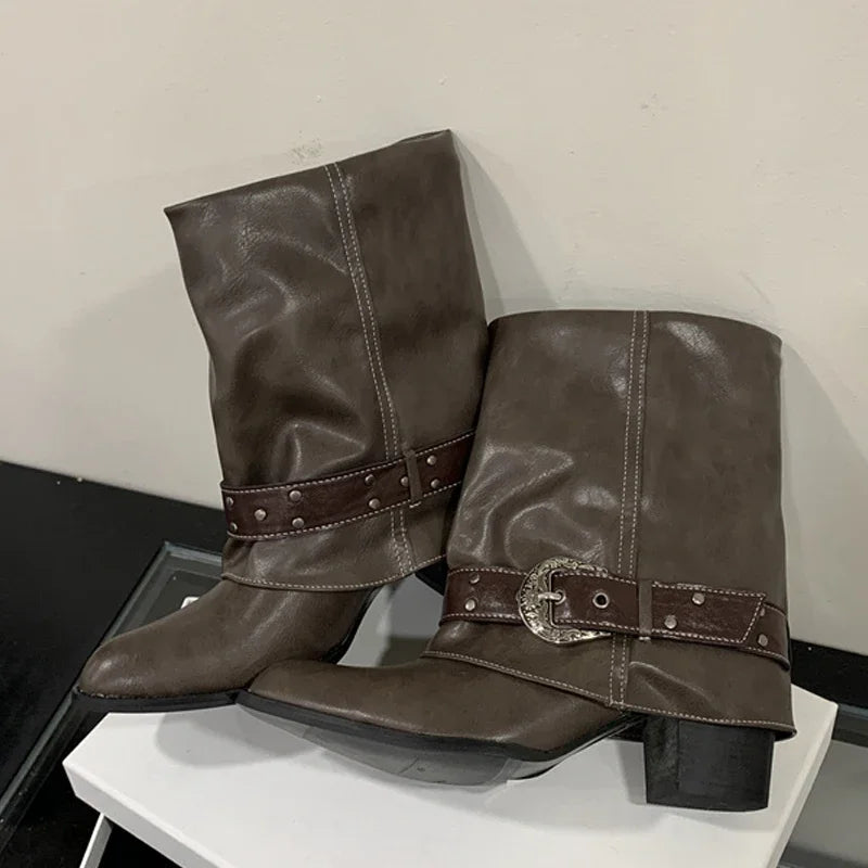 Belt Buckle Pleated Chunky heel Design Women's Ankle Boots