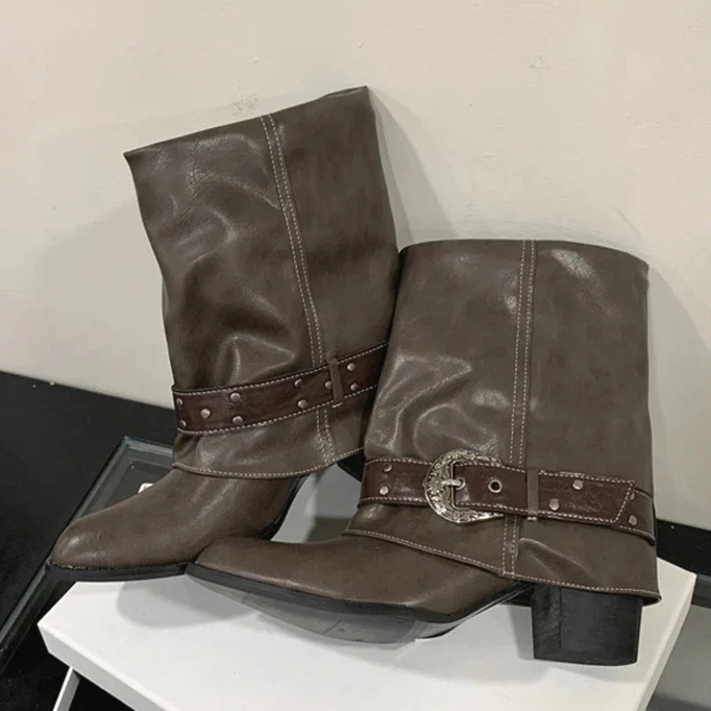 Belt Buckle Pleated Chunky heel Design Women's Ankle Boots