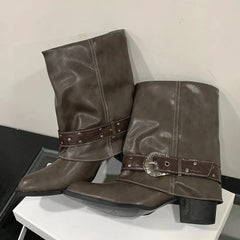 Belt Buckle Pleated Chunky heel Design Women's Ankle Boots