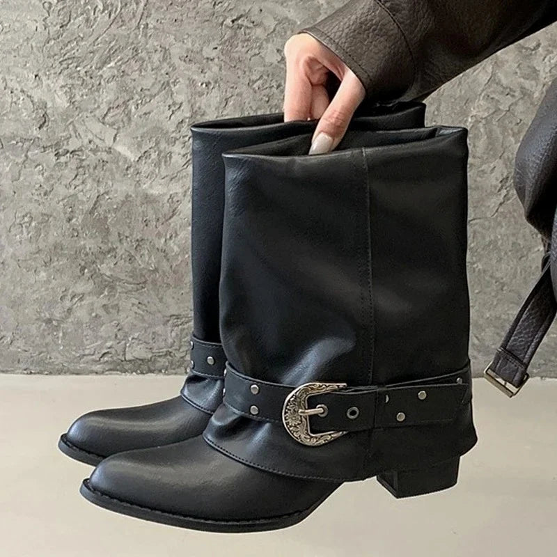 Belt Buckle Pleated Chunky heel Design Women's Ankle Boots