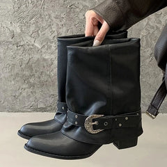 Belt Buckle Pleated Chunky heel Design Women's Ankle Boots