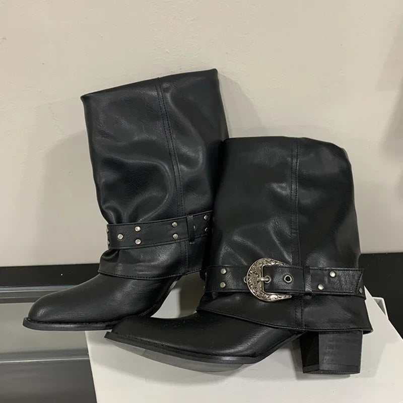 Belt Buckle Pleated Chunky heel Design Women's Ankle Boots