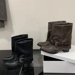 Belt Buckle Pleated Chunky heel Design Women's Ankle Boots