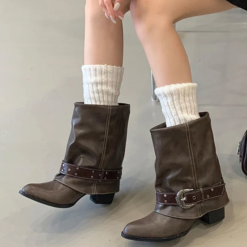 Belt Buckle Pleated Chunky heel Design Women's Ankle Boots