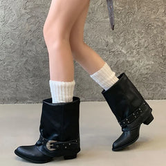 Belt Buckle Pleated Chunky heel Design Women's Ankle Boots