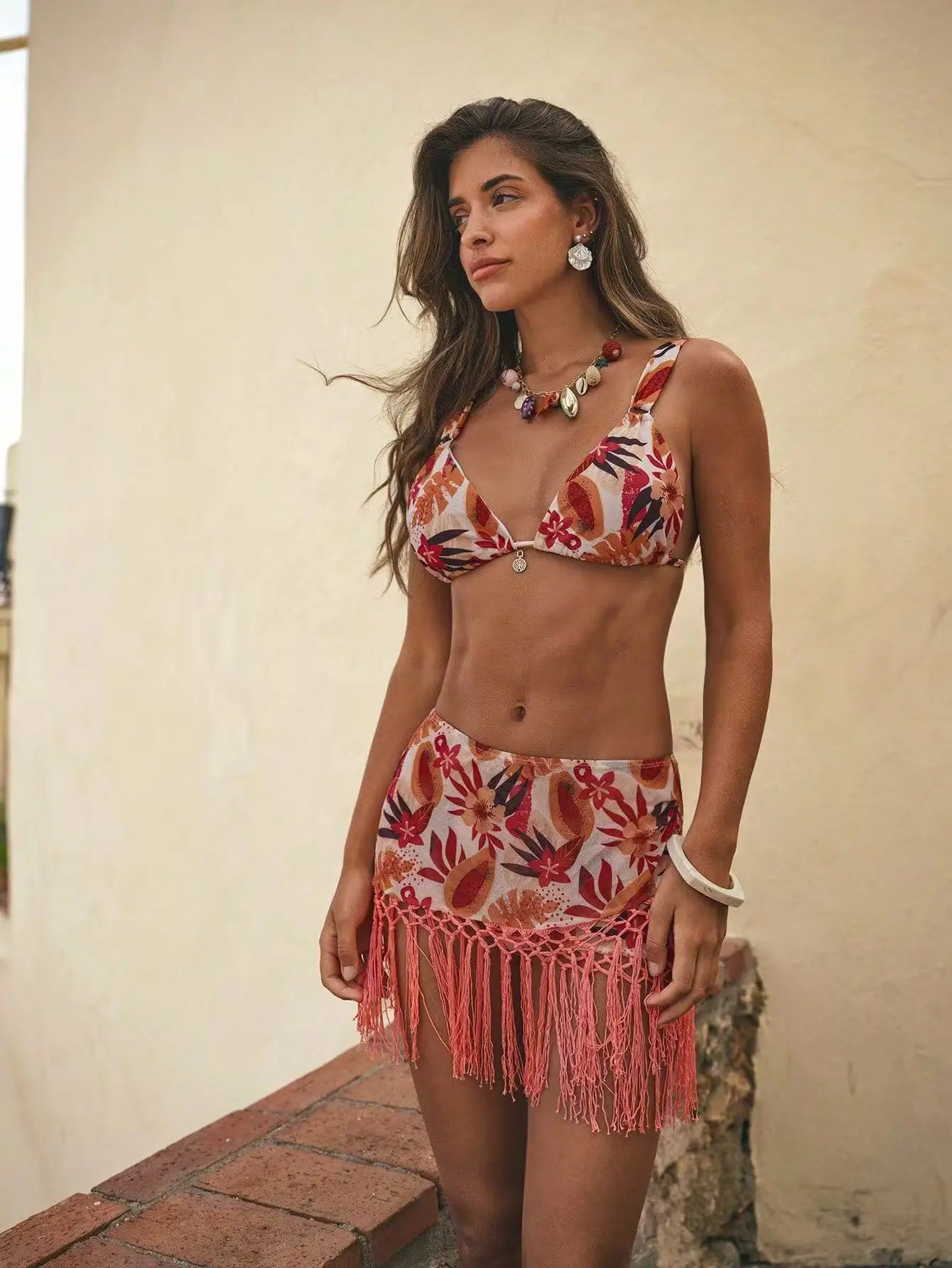 Bikini Set 3 Piece Printed Fringe Cover Up Halter & Floral Bikini Sundress