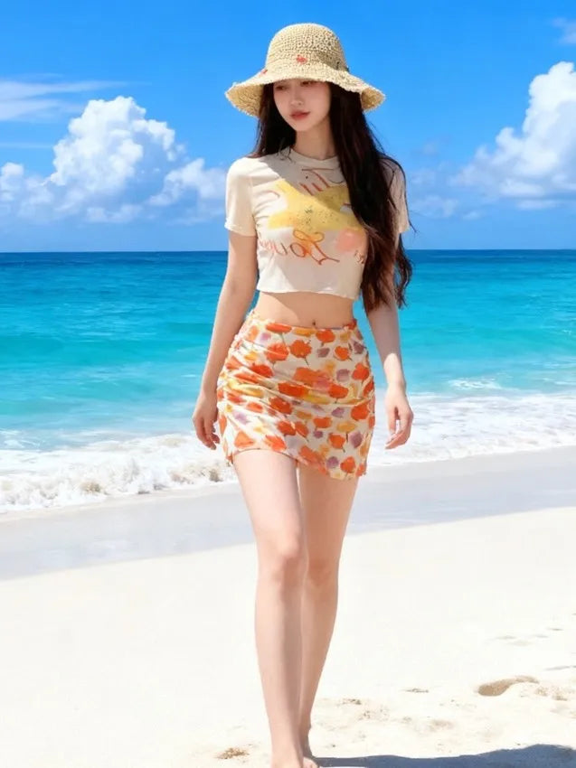 Bikini Set 4-Piece Floral Print & Design Swimsuit Mini Sundress Cover Up