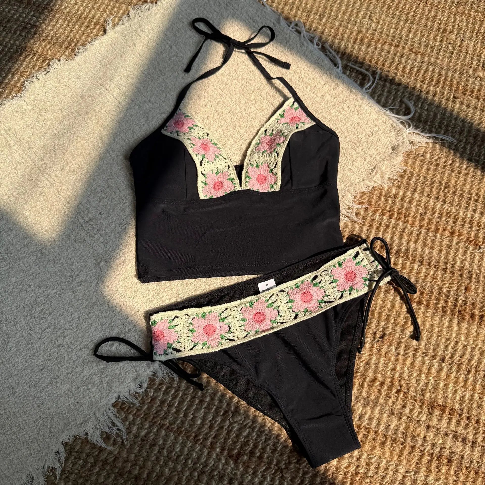 Bikini Set for Solid Color with Delicate Handmade Floral Appliqué Two Piece Swimsuit