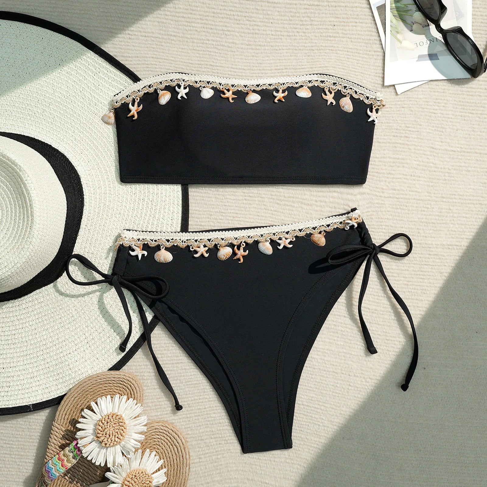Bikini Set for Seaside Theme Swimsuit with Shell Starfish Design Bathing Suit Open Back Two Pieces