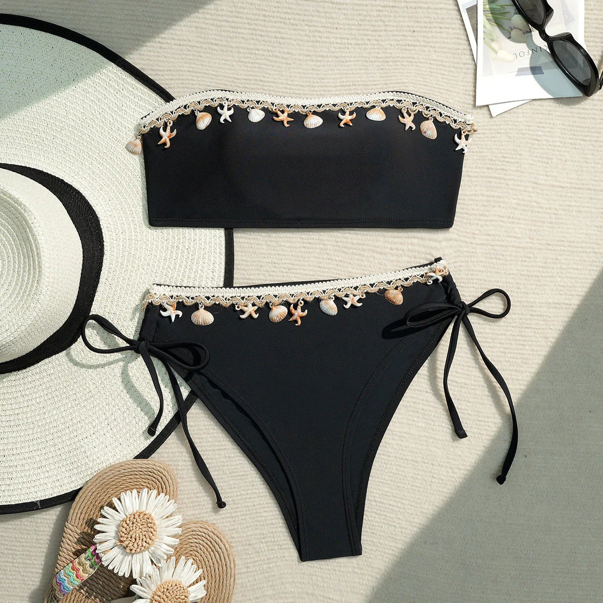 Bikini Set for Seaside Theme Swimsuit with Shell Starfish Design Bathing Suit Open Back Two Pieces
