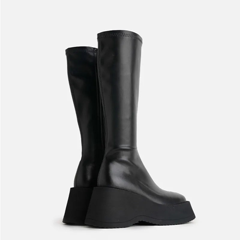 Black Genuine Leather Stretch Riding Boots