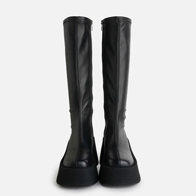 Black Genuine Leather Stretch Riding Boots