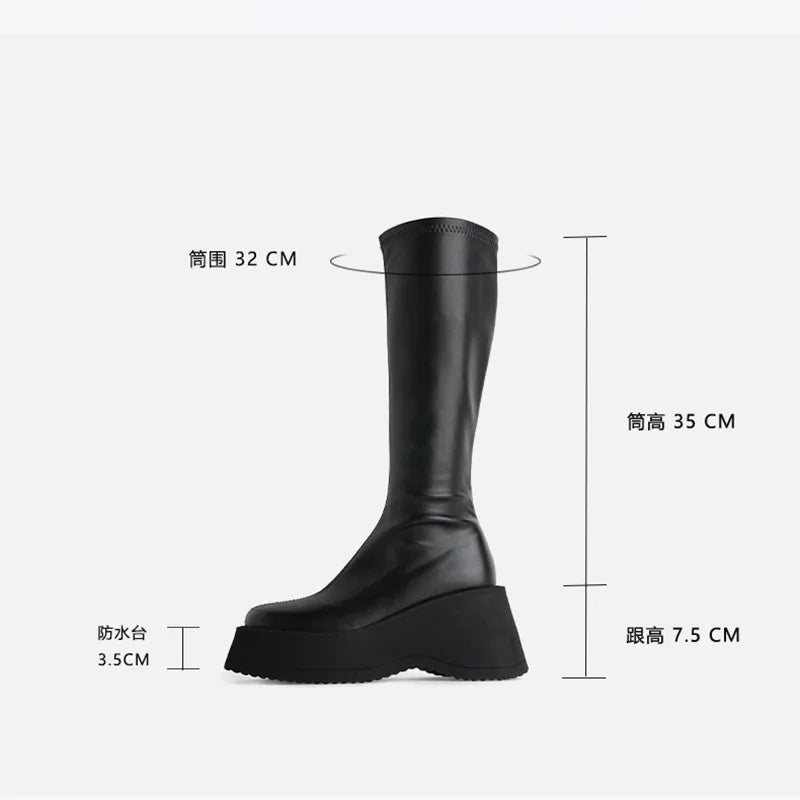 Black Genuine Leather Stretch Riding Boots