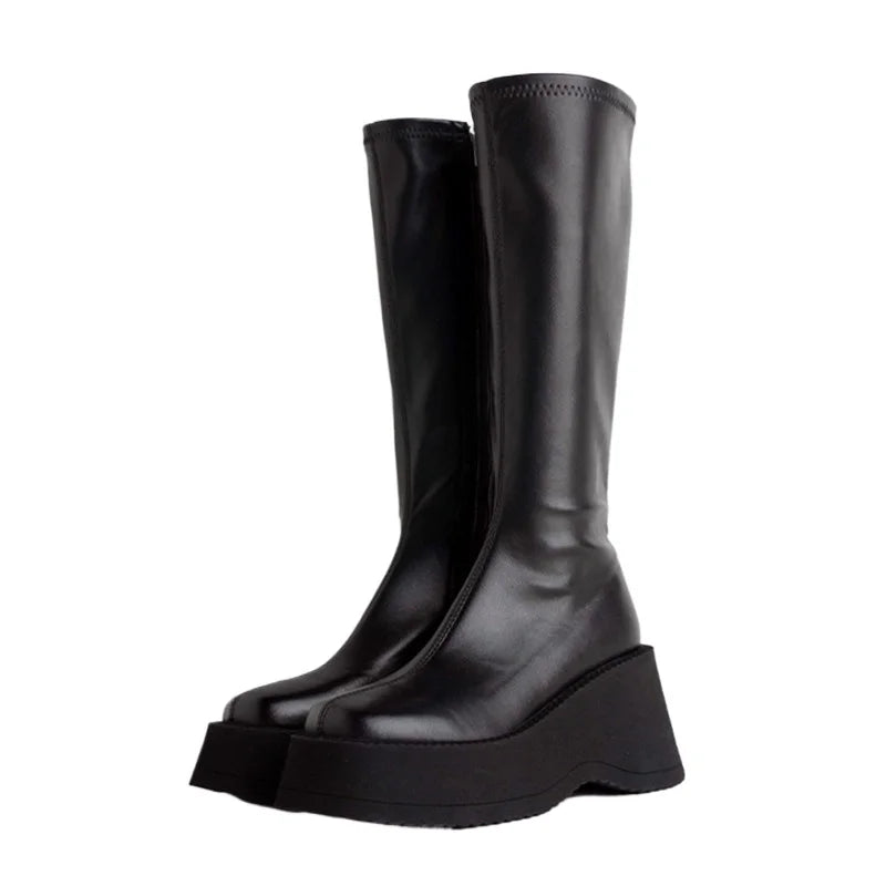 Black Genuine Leather Stretch Riding Boots