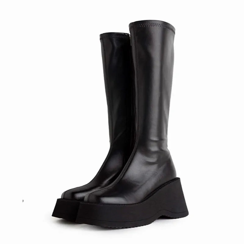 Black Genuine Leather Stretch Riding Boots