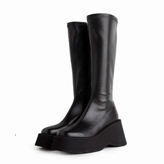 Black Genuine Leather Stretch Riding Boots
