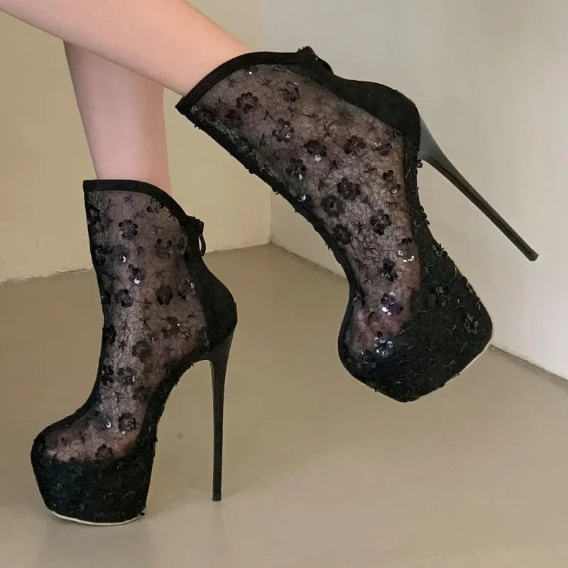 Black Mesh Sequin Ankle Boots
