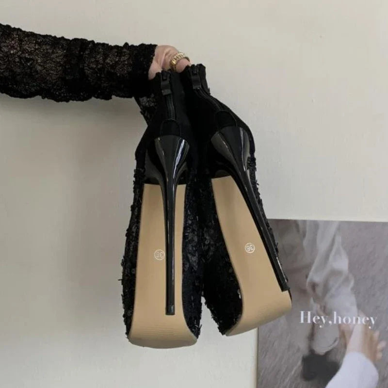 Black Mesh Sequin Ankle Boots