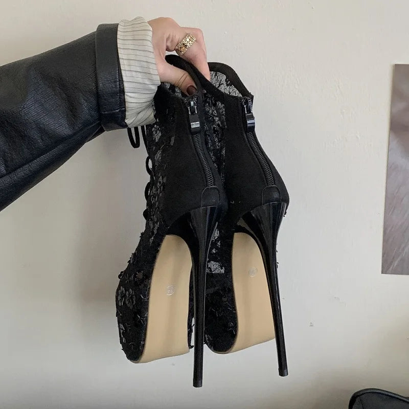 Black Mesh Sequins Ankle Boots