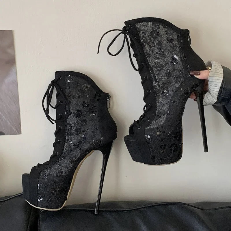 Black Mesh Sequins Ankle Boots