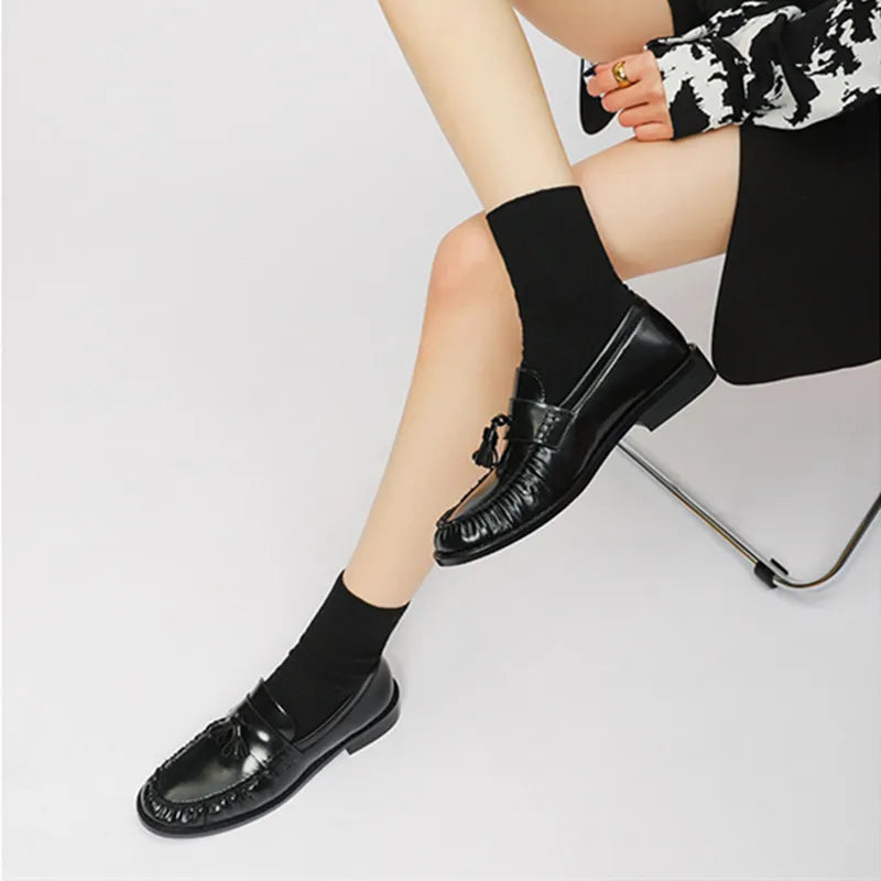 Black Patent Leather Chunky Heel Loafers Pleated Fringe Sewing Designer Shoes