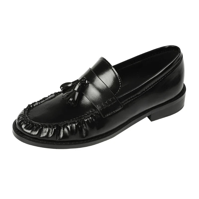 Black Patent Leather Chunky Heel Loafers Pleated Fringe Sewing Designer Shoes