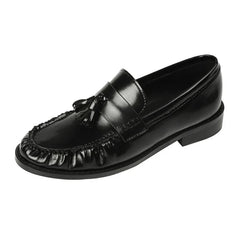 Black Patent Leather Chunky Heel Loafers Pleated Fringe Sewing Designer Shoes
