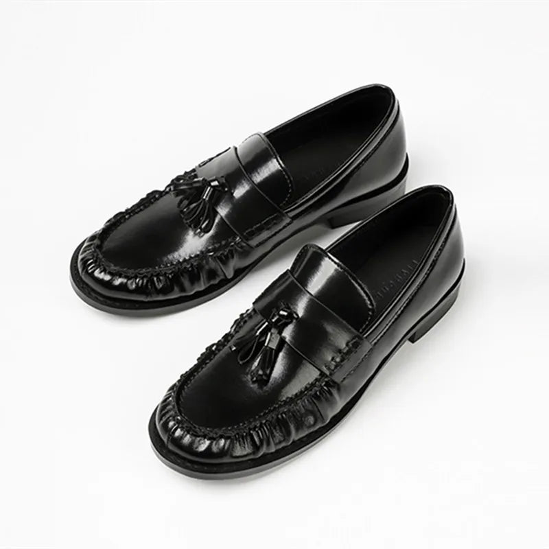 Black Patent Leather Chunky Heel Loafers Pleated Fringe Sewing Designer Shoes