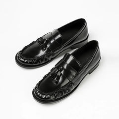 Black Patent Leather Chunky Heel Loafers Pleated Fringe Sewing Designer Shoes