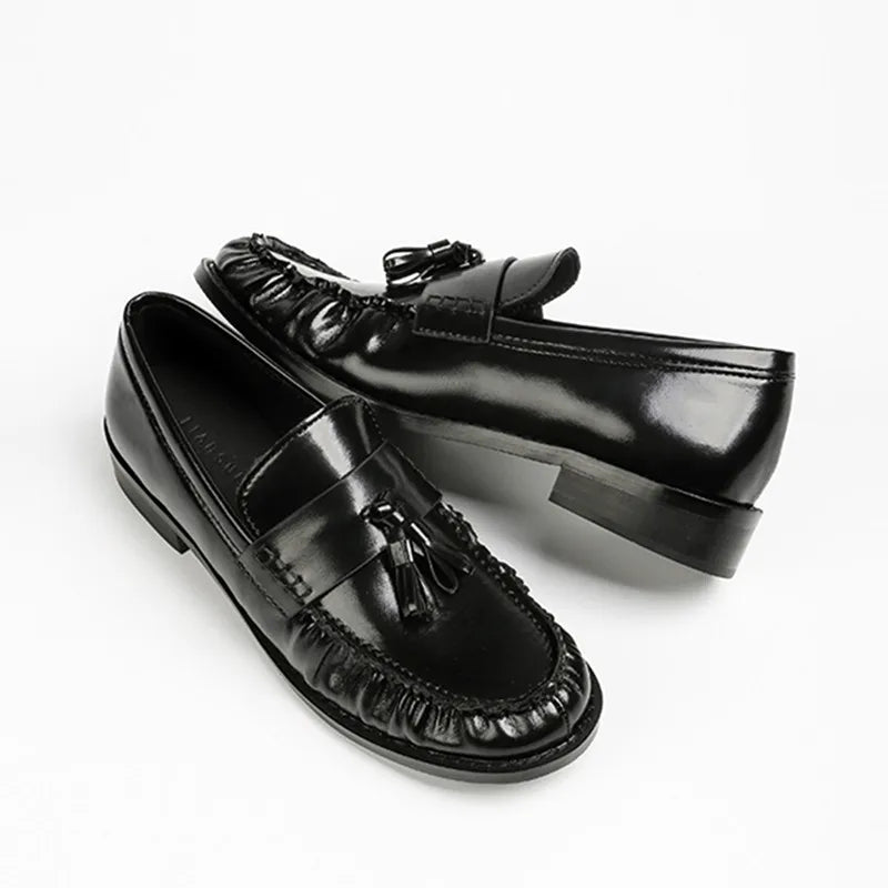 Black Patent Leather Chunky Heel Loafers Pleated Fringe Sewing Designer Shoes