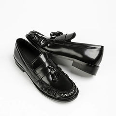 Black Patent Leather Chunky Heel Loafers Pleated Fringe Sewing Designer Shoes