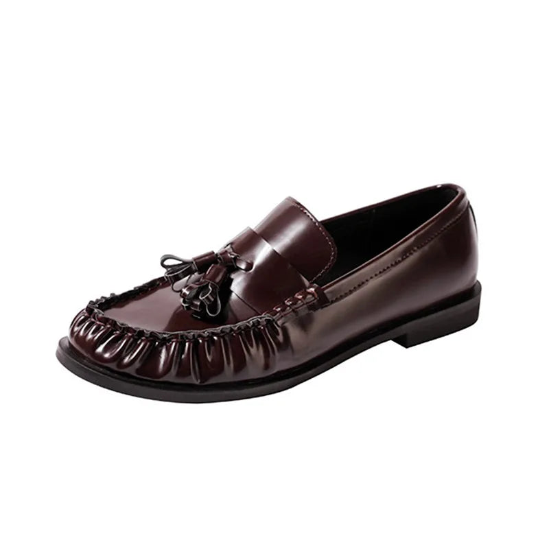 Black Patent Leather Chunky Heel Loafers Pleated Fringe Sewing Designer Shoes