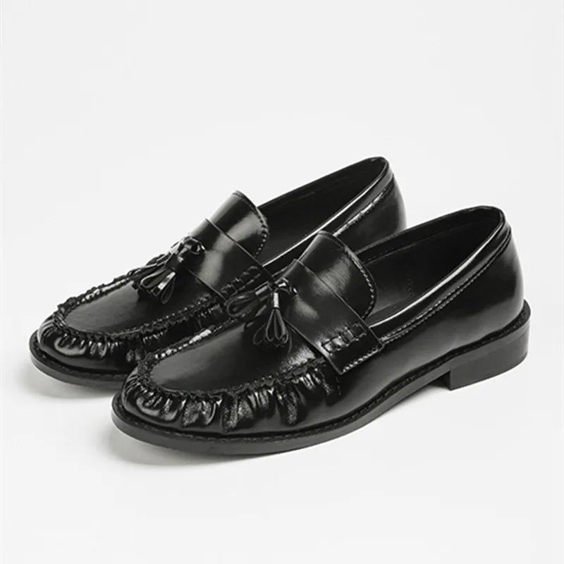Black Patent Leather Chunky Heel Loafers Pleated Fringe Sewing Designer Shoes