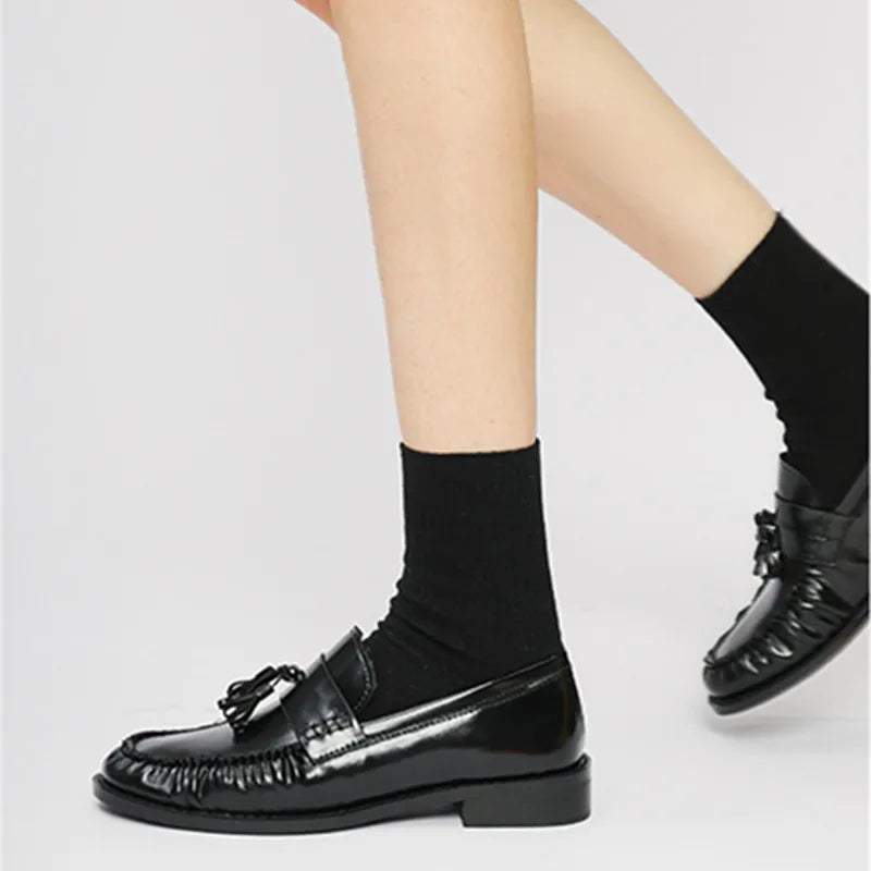 Black Patent Leather Chunky Heel Loafers Pleated Fringe Sewing Designer Shoes