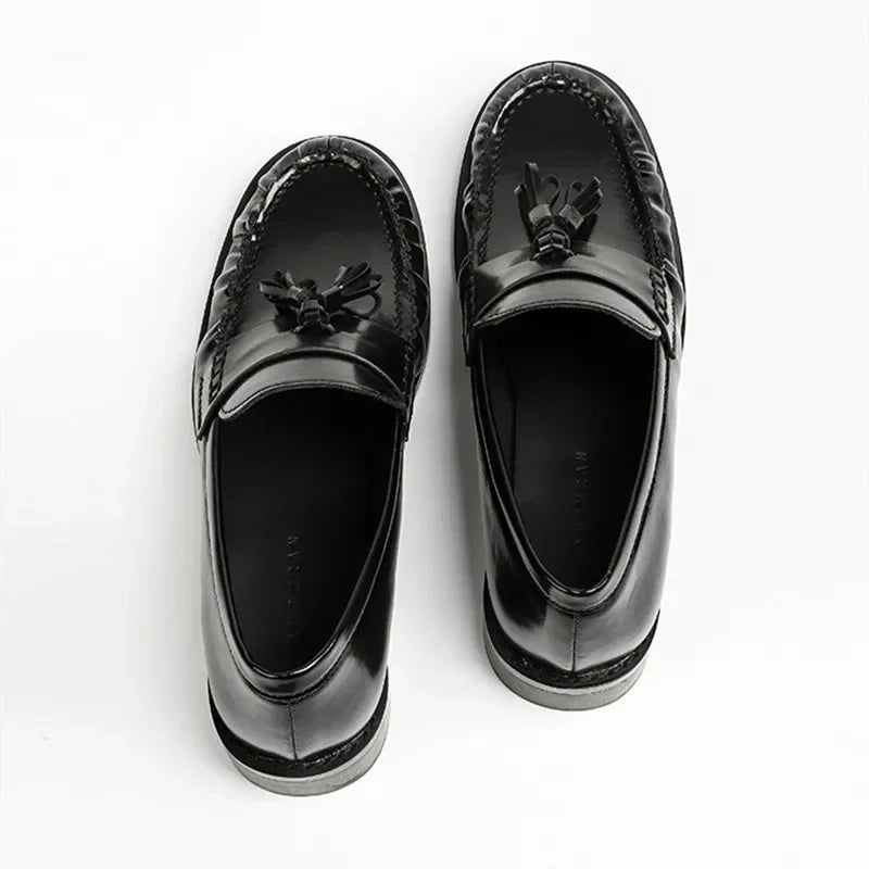 Black Patent Leather Chunky Heel Loafers Pleated Fringe Sewing Designer Shoes