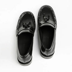 Black Patent Leather Chunky Heel Loafers Pleated Fringe Sewing Designer Shoes