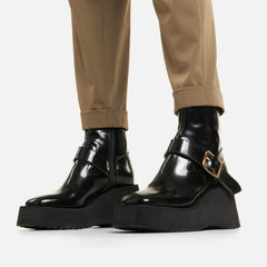 Black Patent Leather Chunky Heel Women Boot Metal Buckle Sewing Side Zip Design Ankle Boot Cozy Waterproof Platform Boot